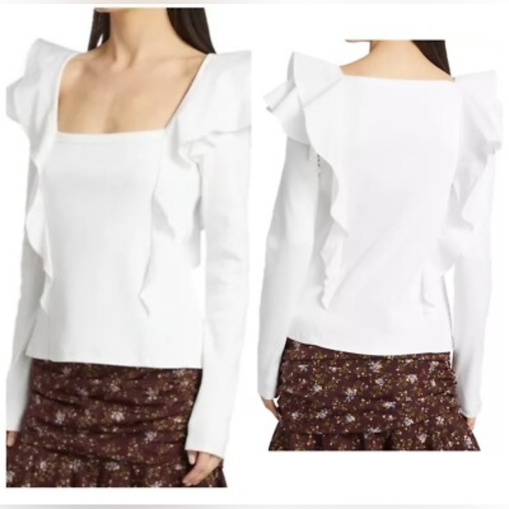 Veronica Beard White Ruffle-Trim Square Neck Long Sleeve Top